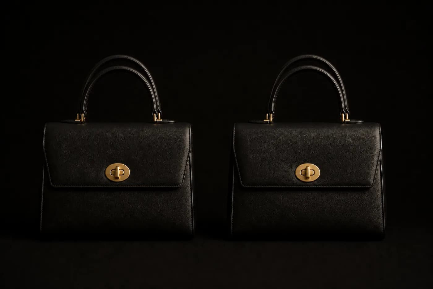 Two identical handbags, side by side, lit the same way.